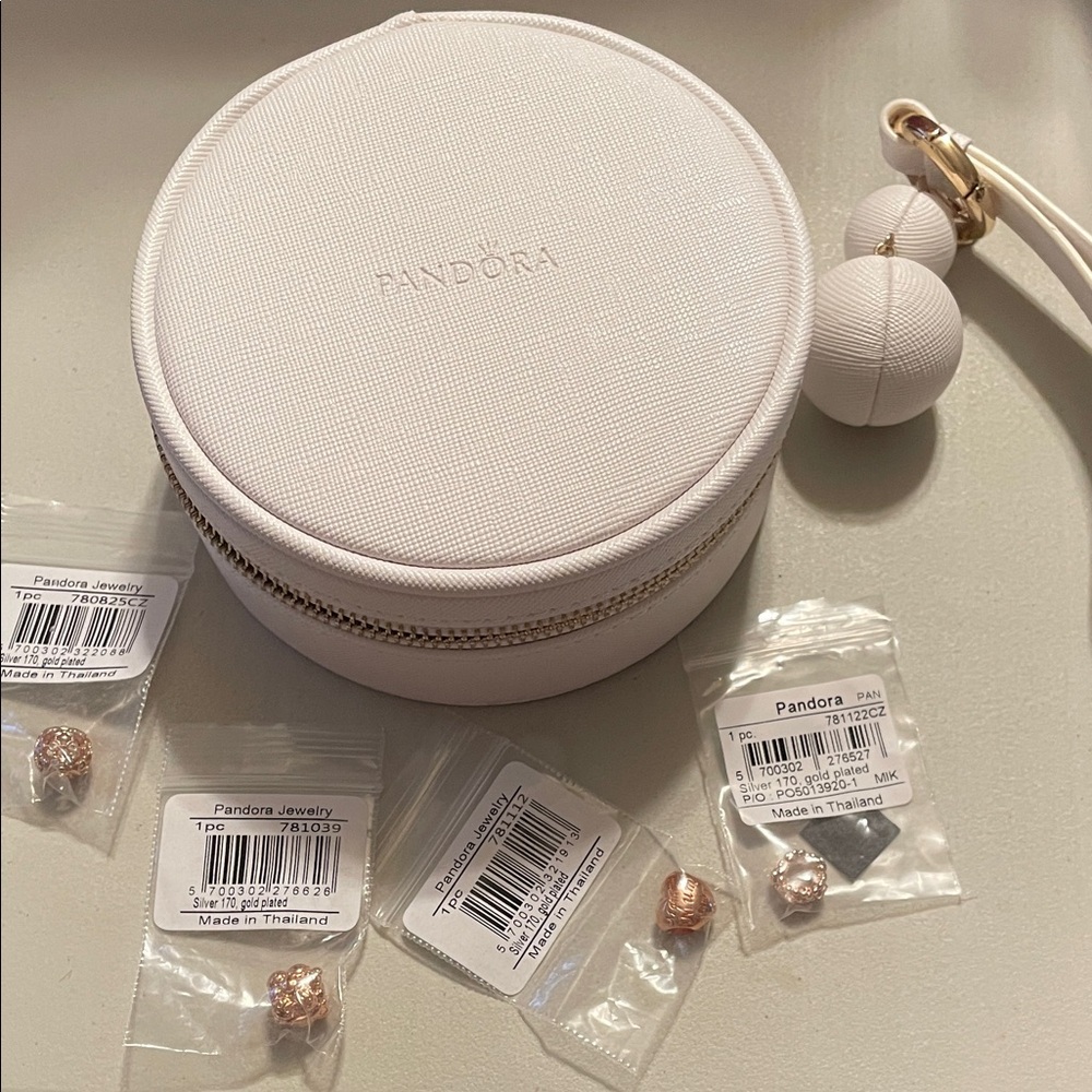 Pandora Wristlet Jewelry Holder with 4 Rose Gold plated Charms New in Box